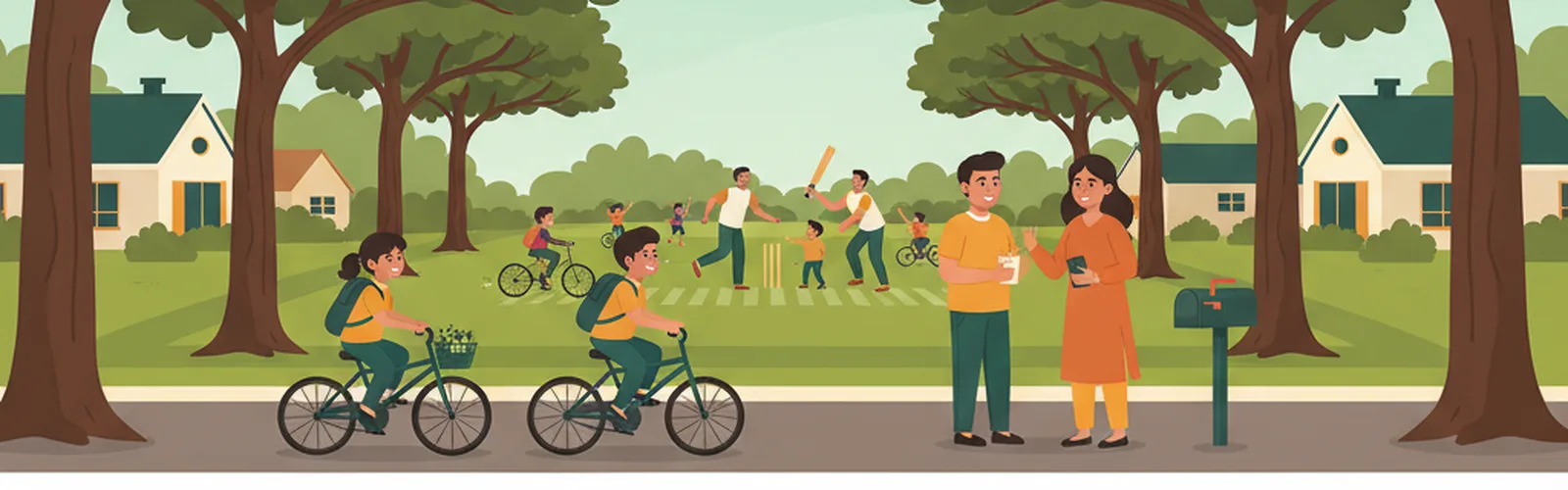 A tree-lined Coppell street — children cycling home from school, neighbors talking, an evening cricket game on the green.