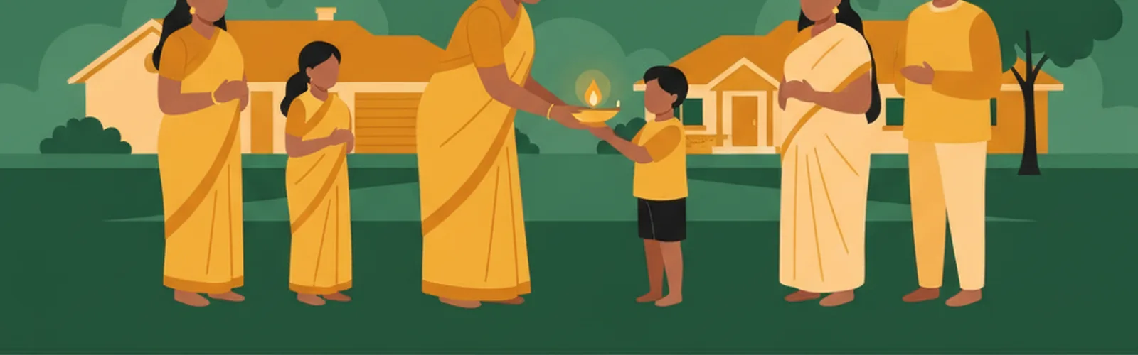 A grandmother passes a lit brass diya into a child’s cupped hands, family gathered around the small flame.