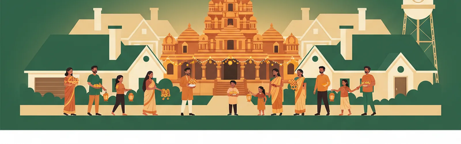 Families arrive with flower garlands at a south Indian temple gopuram rising above Frisco rooftops, beside a Texas water tower.