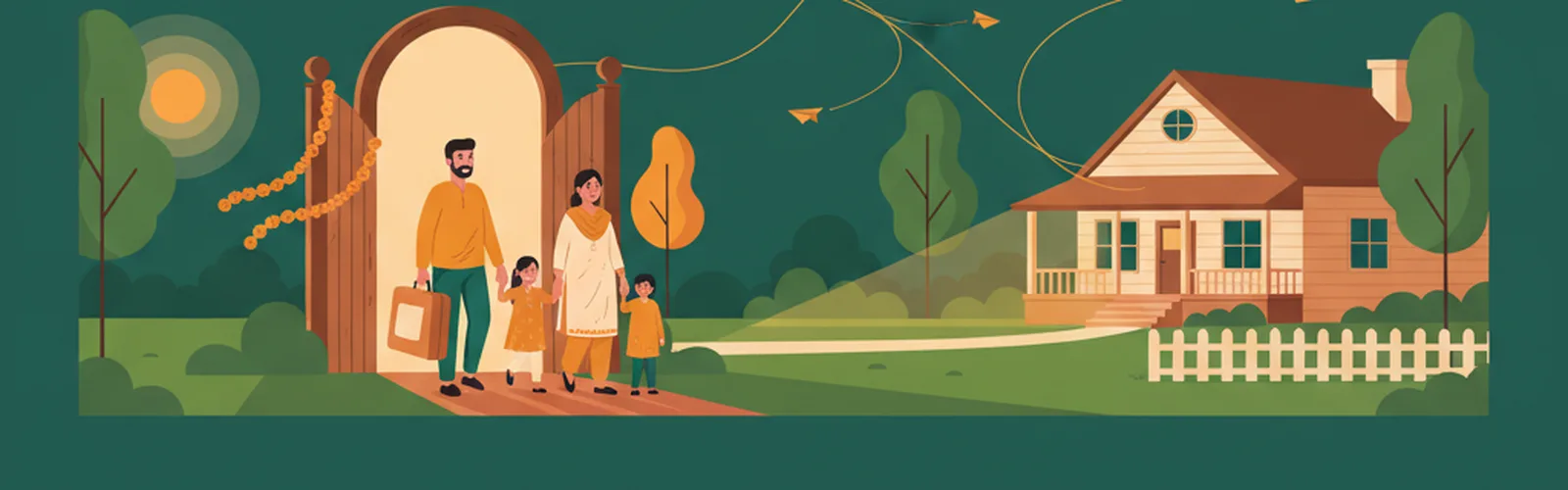 A family steps through an open gateway at dawn with one suitcase, marigold garland on the gatepost, toward a welcoming porch light.