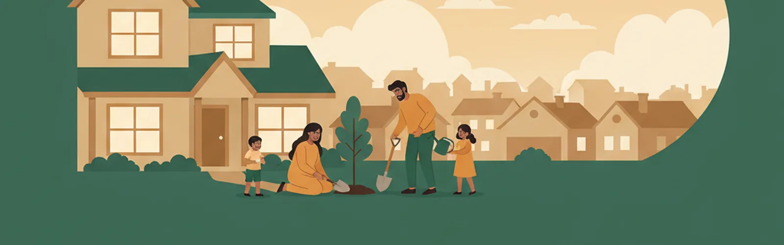 A family plants a young tree in front of their new home at dusk, warm light in the windows.